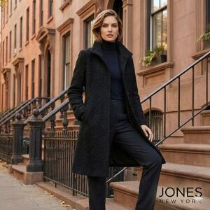 Jones New York Vintage Textured Wool Blend Mid-Length Coat Black 14